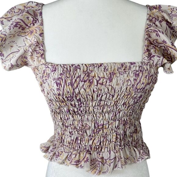 Perry Walker Collective Purple & Yellow Silk Floral Smocked Ruffle Sleeve Top - Picture 5 of 10